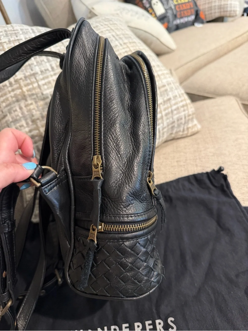 Wanderers Travel Co Pompeii Black Woven Leather Backpack Dust Bag EUC